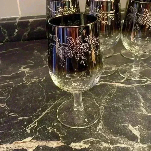 6 Vintage Silver Fade Wine Glasses Ombre WineGlasses, Leaf design made in France - Picture 3 of 14